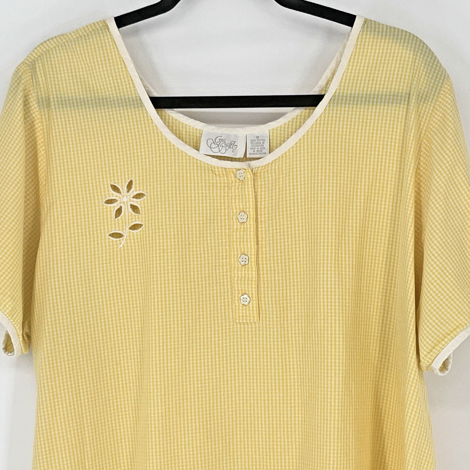 Vintage Go Softly Sz 1X Yellow Gingham Blouse Floral Buttons Tunic White Trim