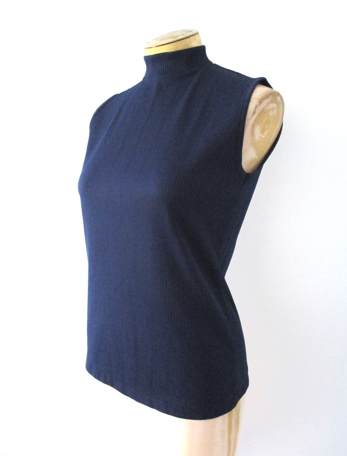 Vtg 60s 70s Mod Navy Blue Textured Knit Stripe Shell Blouse Top Back Neck Zip M