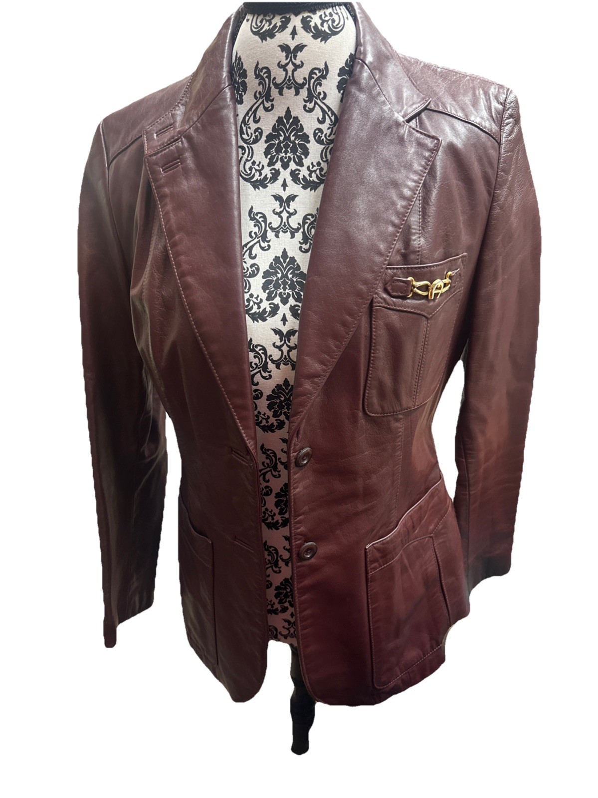 Vintage Etienne Aigner Jacket Red Burgundy Leather Collared Size 12