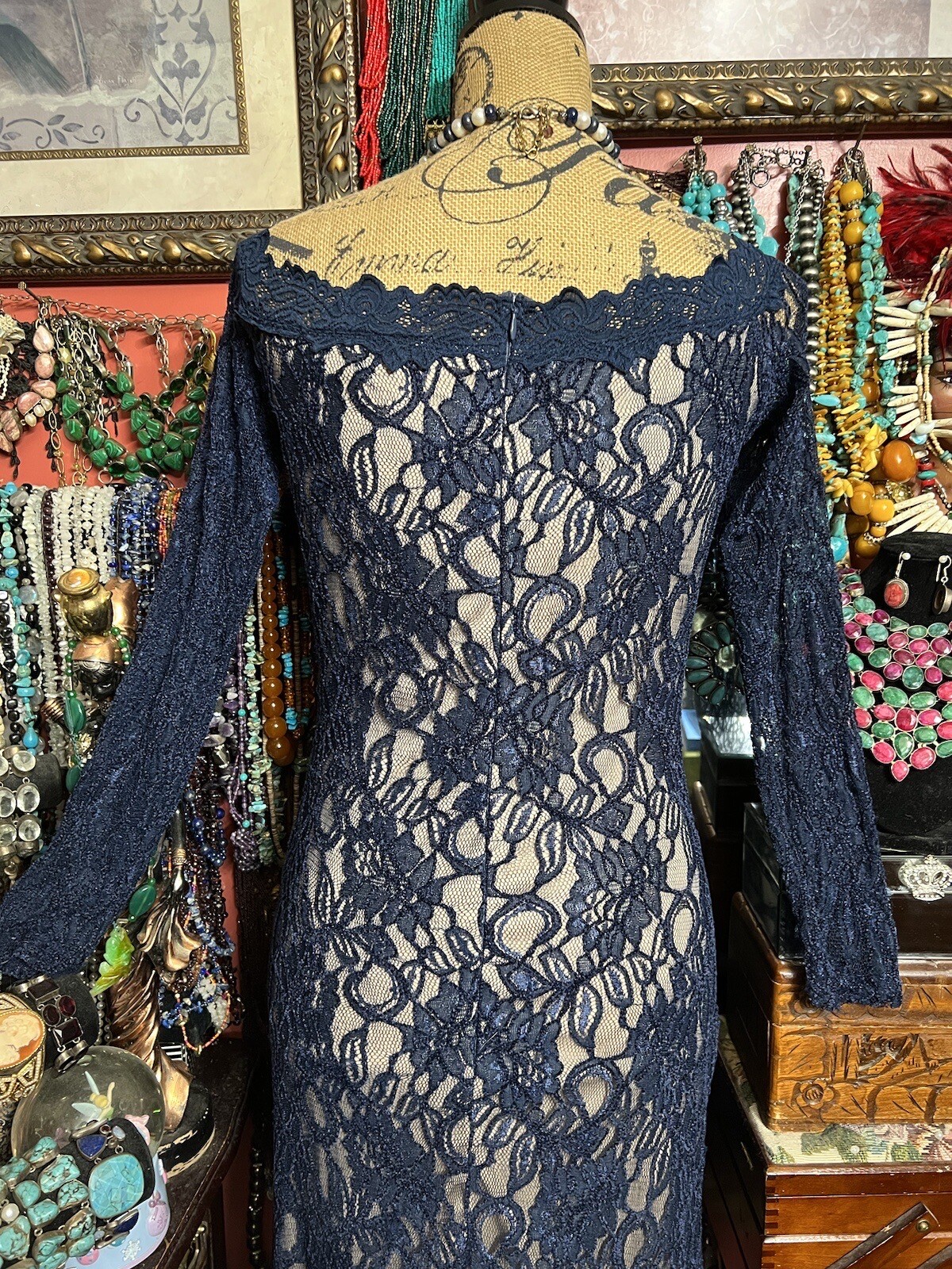 Sexy Beautiful “Va Va Voom” Crochet Lace Navy Blue Body-Con Maxi Dress Large