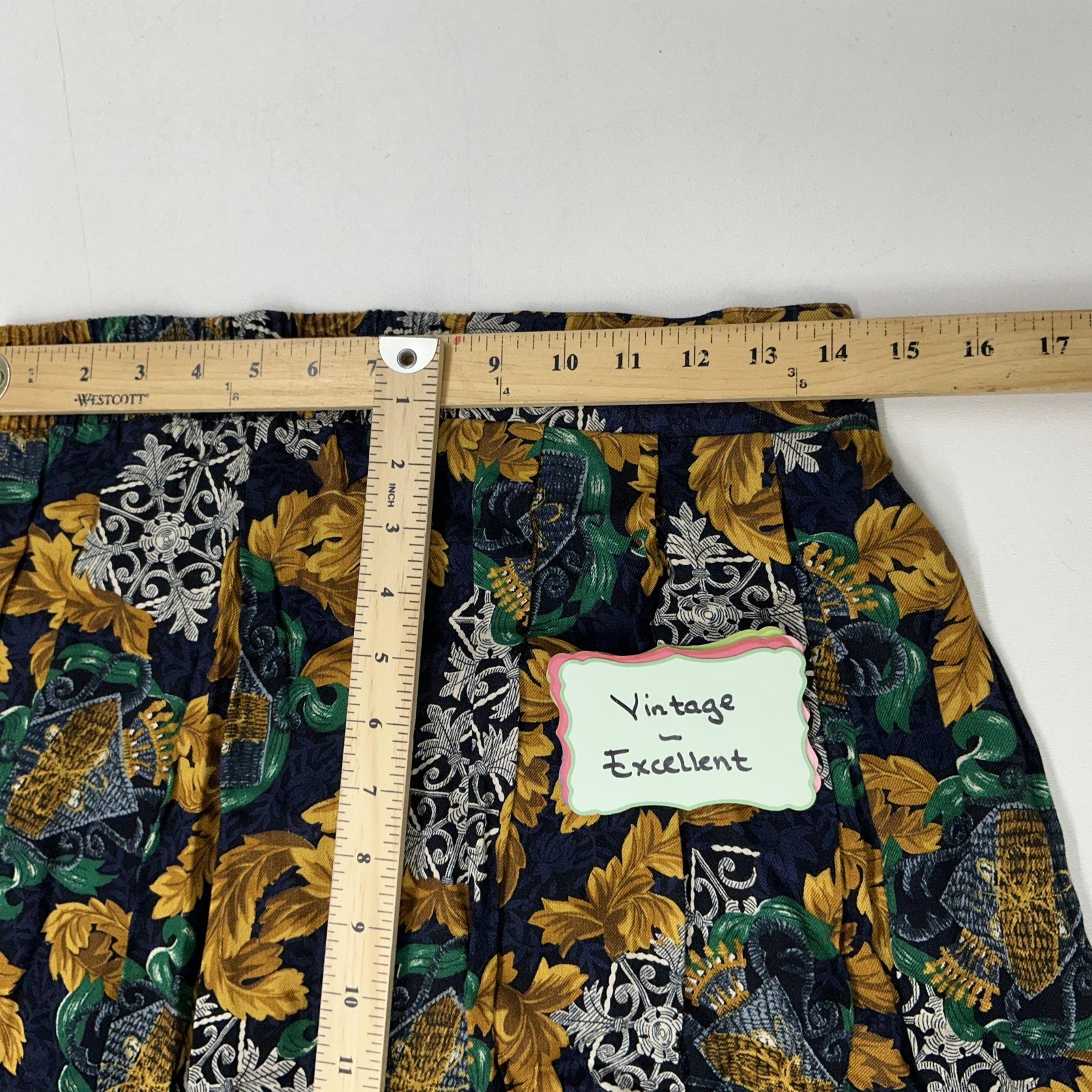 Vtg Panther Blouse Skirt Set Womens sz 12 Blue Gold Floral Button USA Top