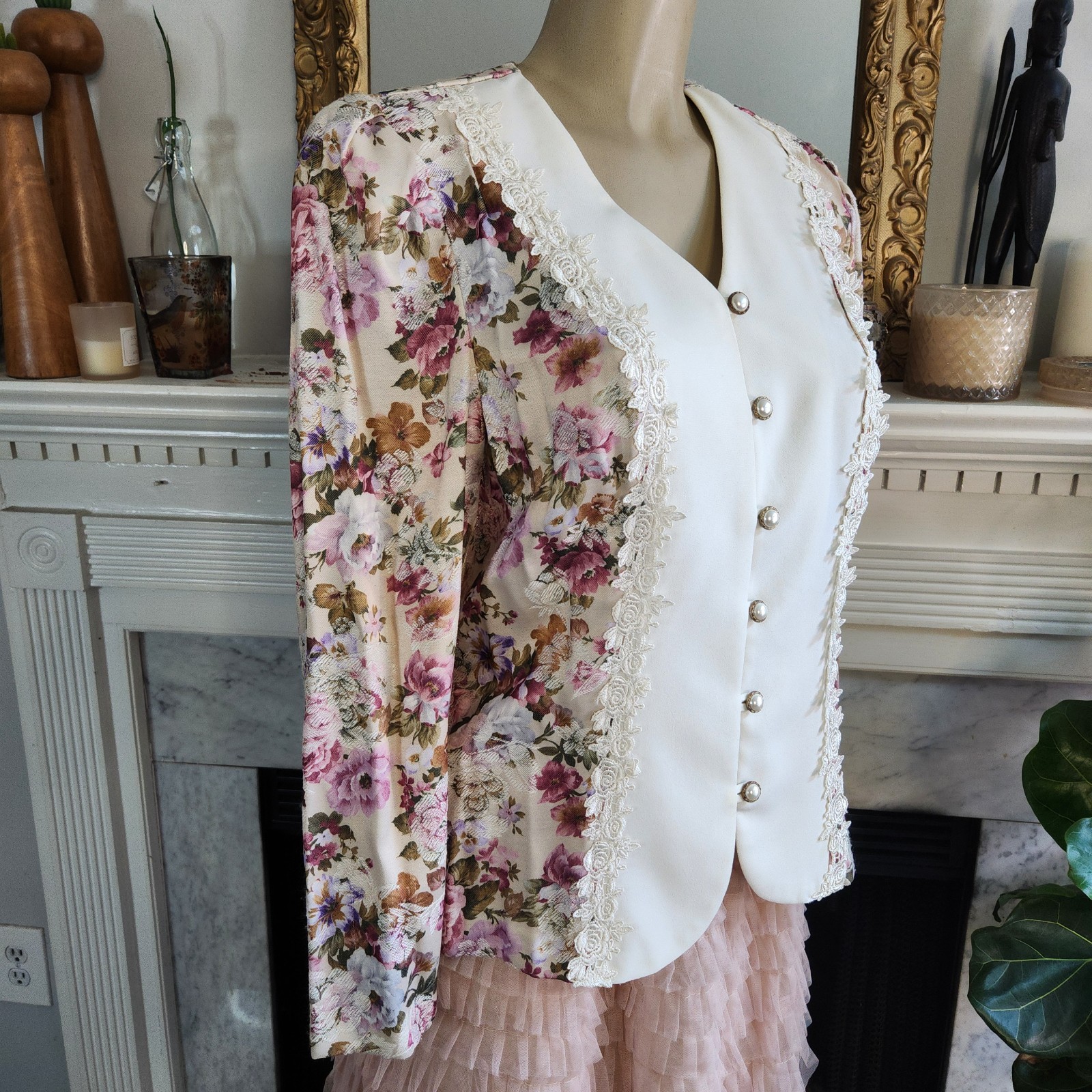 Vintage 80s Ivory Floral Blazer Lace Pink Fitted Cottagecore Romantic Size Large