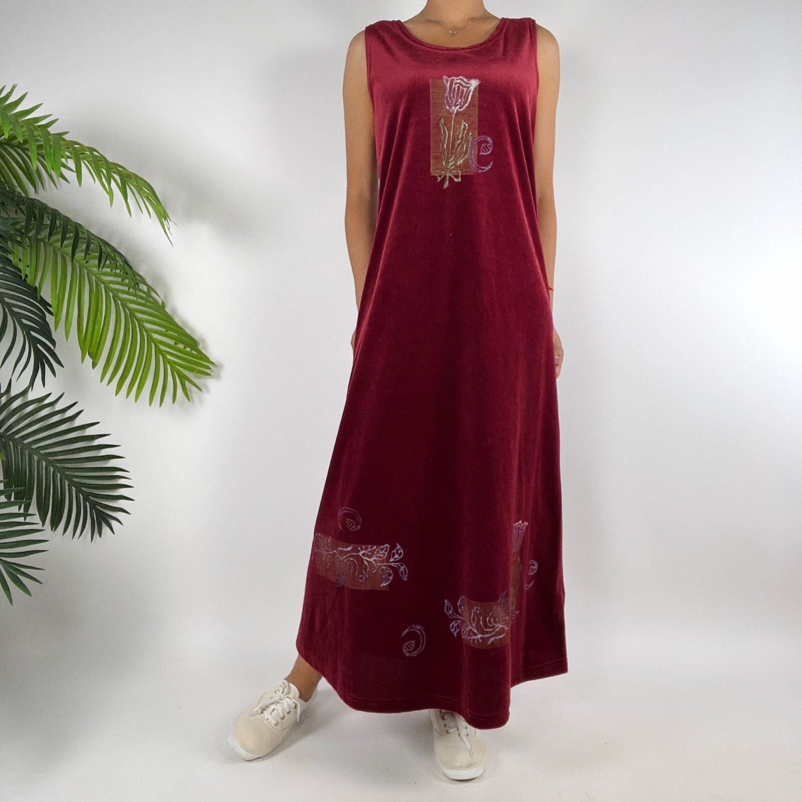 Vintage 90s Red Floral Velour Cottagecore 2-Piece Maxi Dress Cardigan Set / L