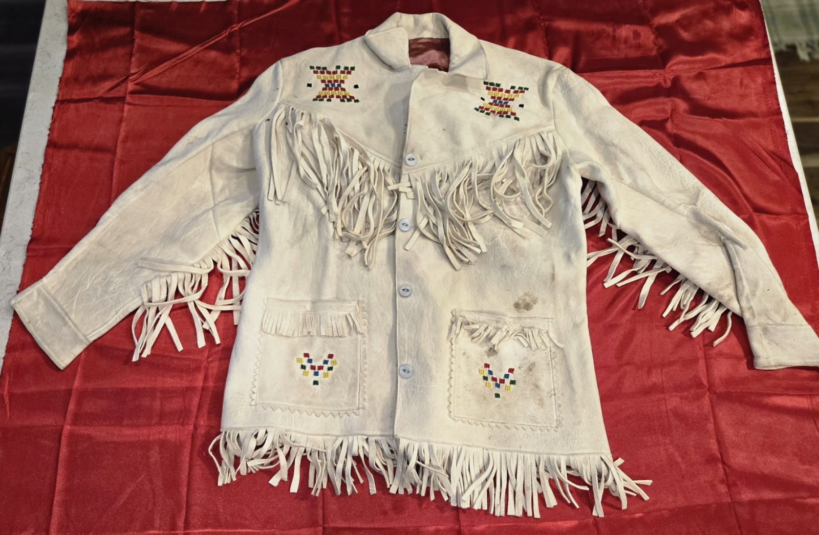 Handcrafted Vintage Native American White Elk Leather Fringed Jacket Womens S/M