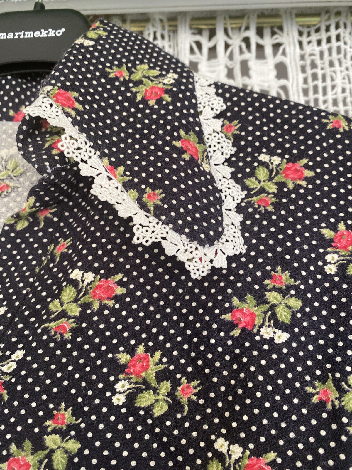 Vtg 70’s Liberty of London Black Polka Dot Rose Blouse W/ Agate Buttons