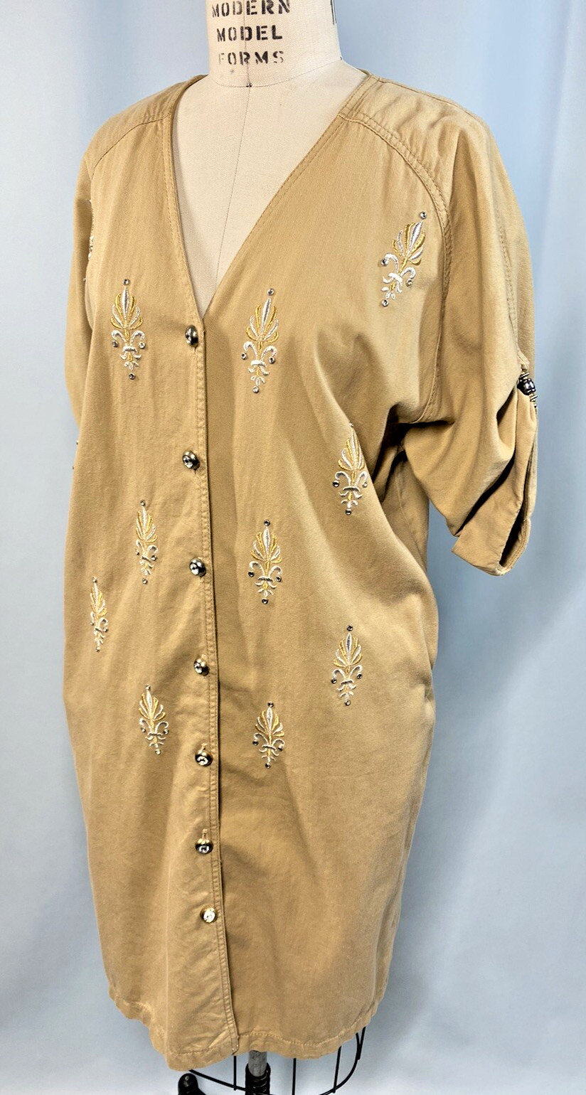 Vintage Dress SIZE 8 LARGE khaki gold silver embroidered 80s 90s MONIQUE FASHION
