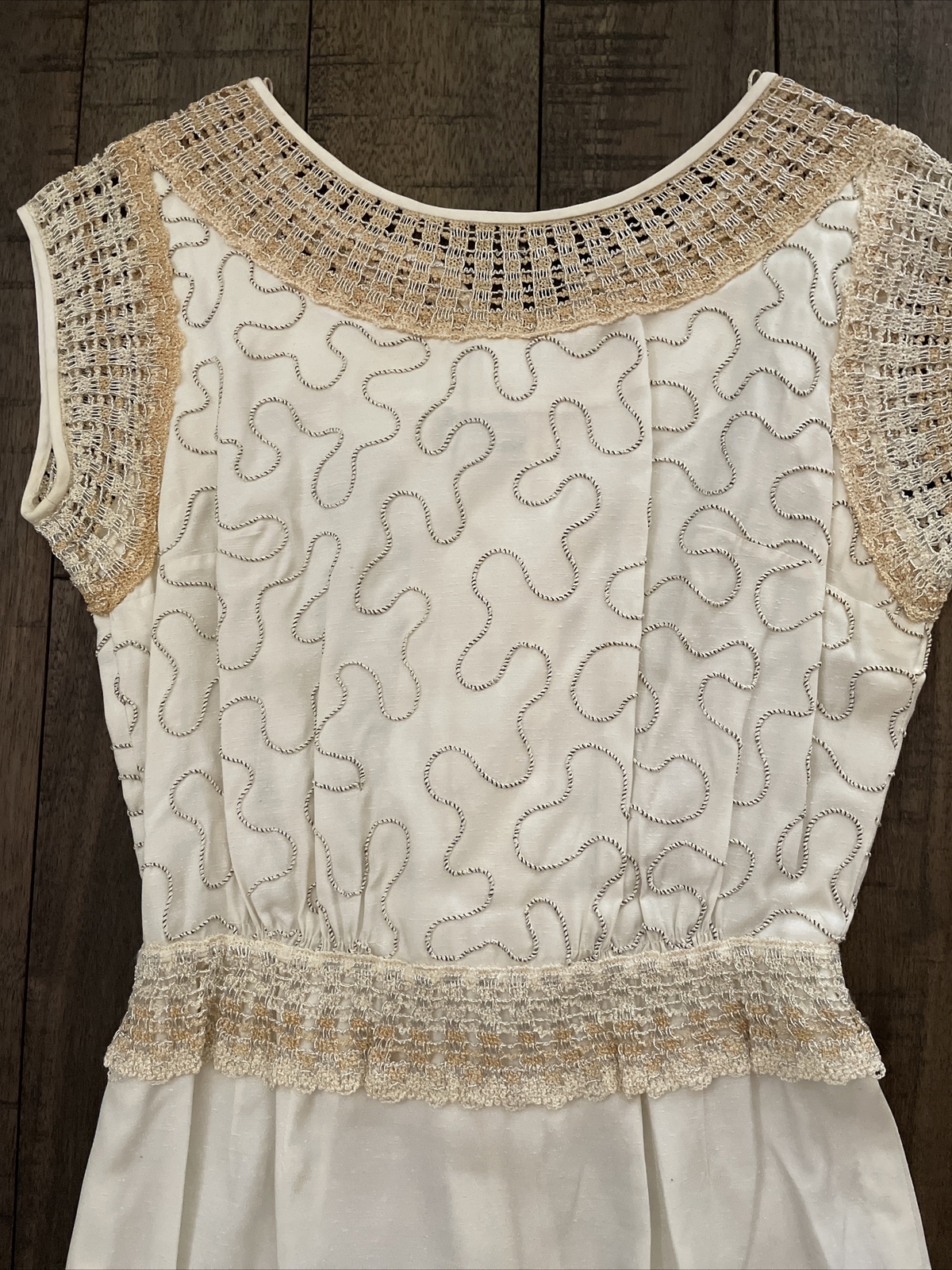 Vintage Paul Sachs Original Dress cream & gold accent fitted button back