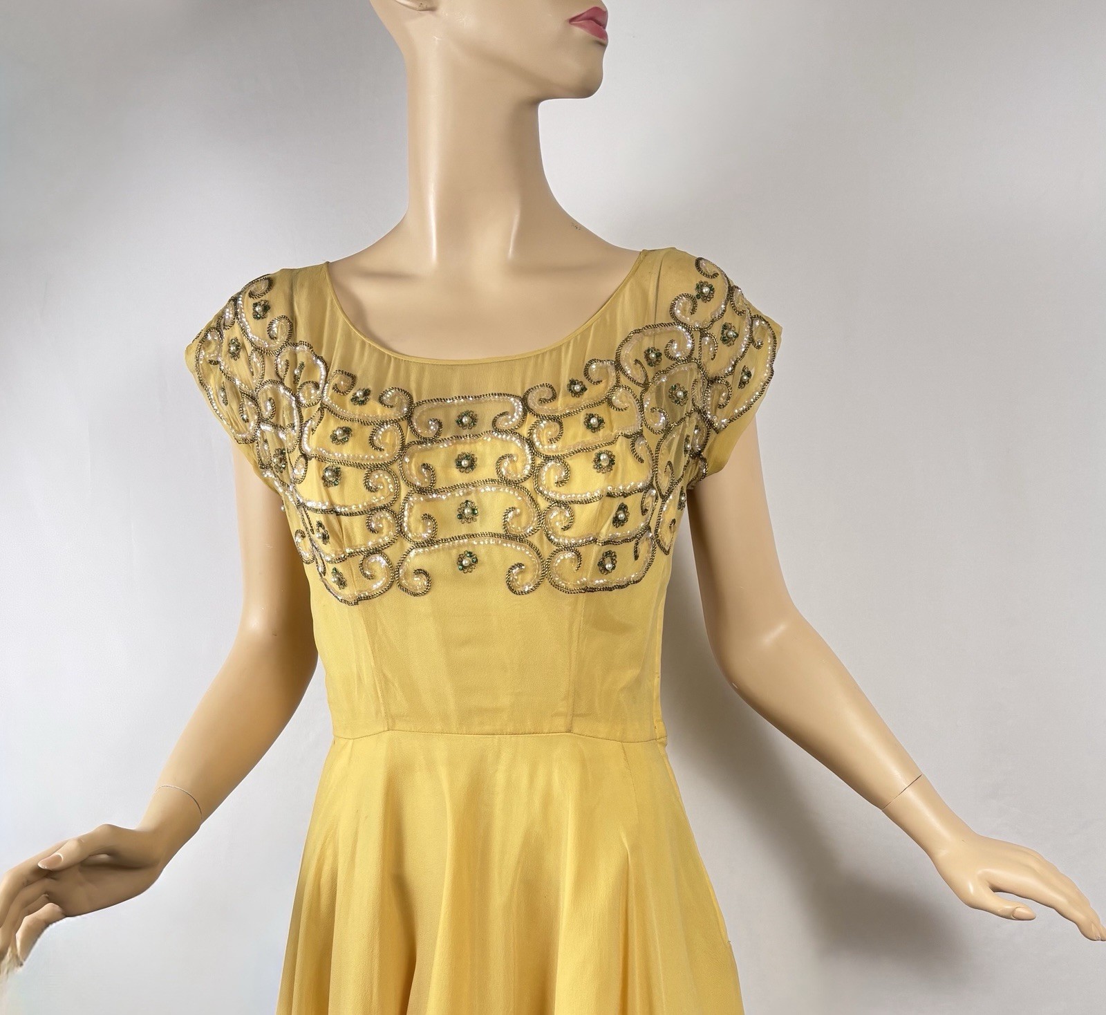 Vintage 40s Goldenrod Silk Chiffon Evening Gown Rhinestones, Sequins, Gold Cord