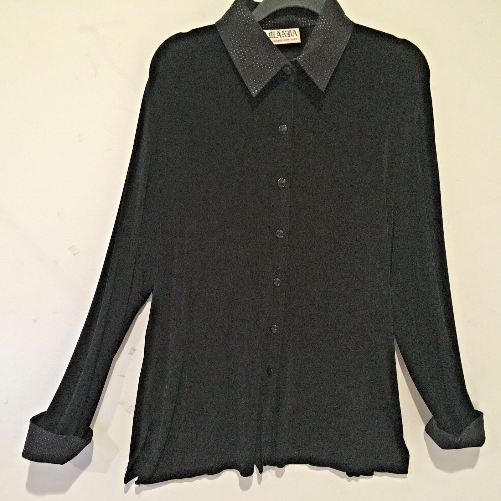 Vtg 90’s Amanda Paris London New York, Black Viscose/Spandex Long Jacket W/Pads