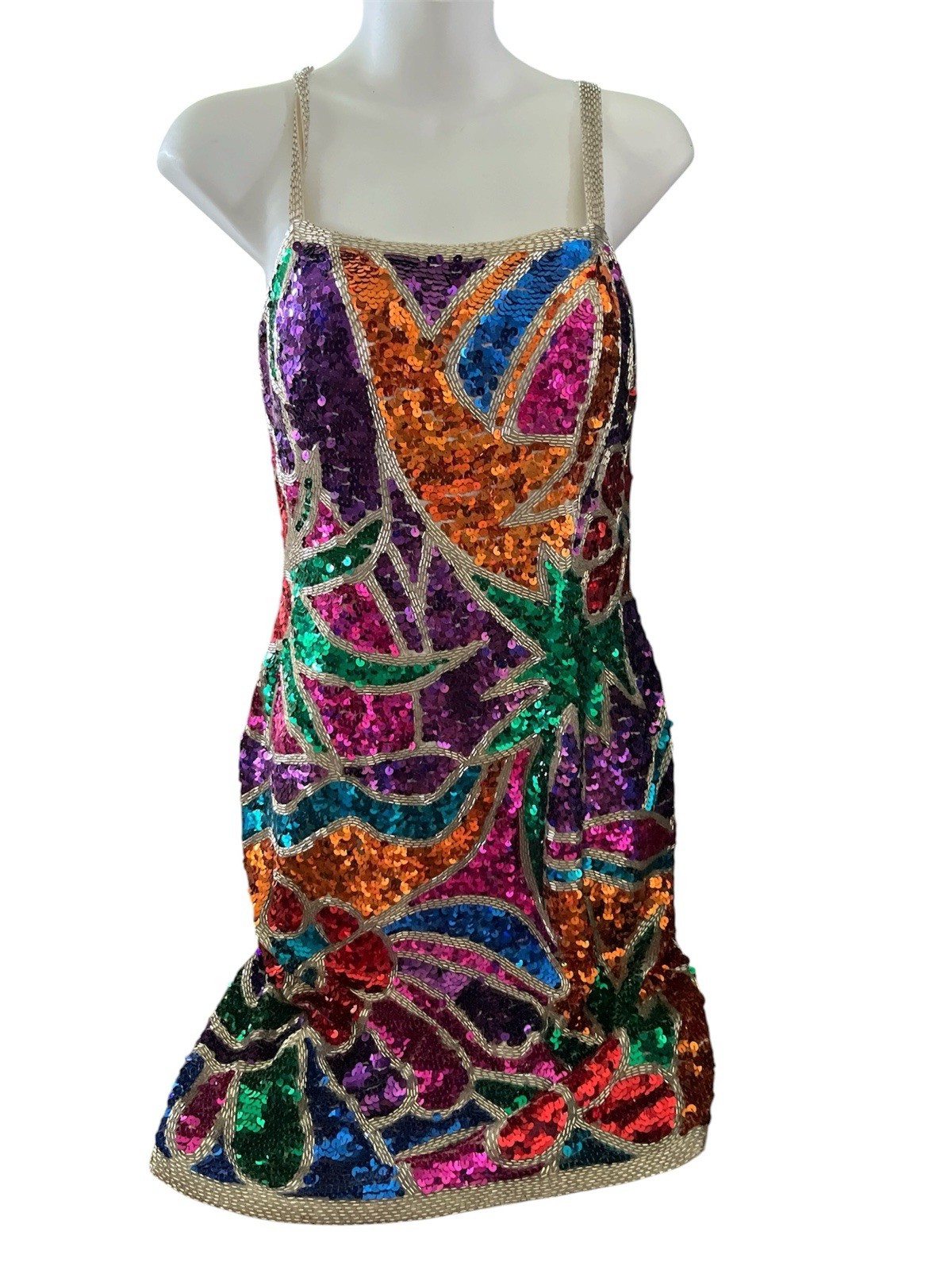 Vintage 80’s 90’s Sequin Mini Formal Dress Alyce Designs Bold Multi Color Sz. 10
