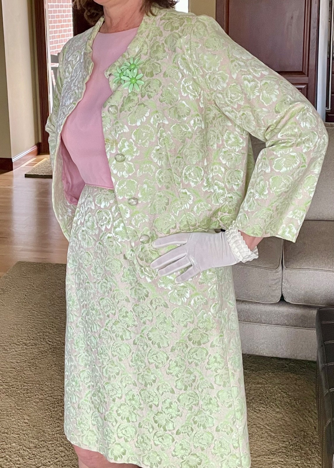 Vtg 1960s 2 Piece Jackie O’ Dress/Waist Jacket Mint Green & Pink w/ Accessories