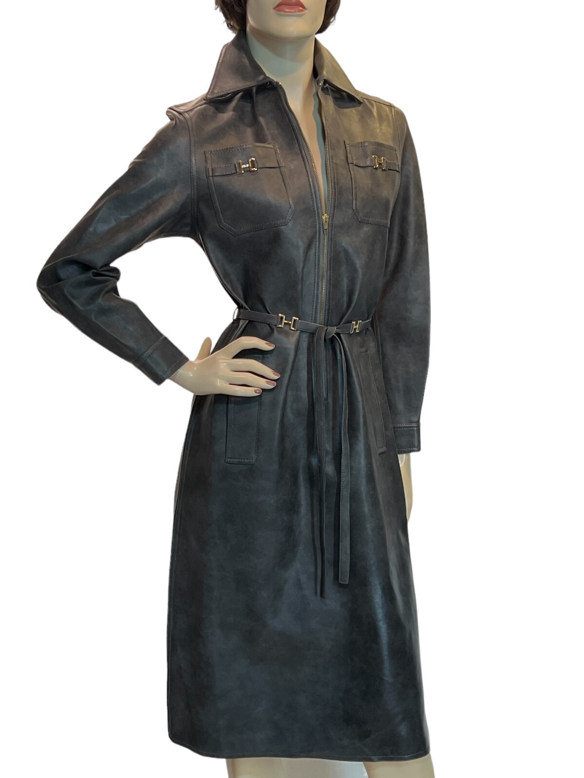Sz S~M Vtg 60s MOD Gray VINYL COAT DRESS Joseph Magnin Ginala Front Zip Boho