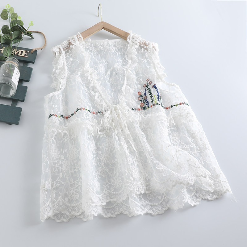 Lace Vest Women’s Loose Transparent Large Size Gilet Waistcoats Cotton Linen NEW