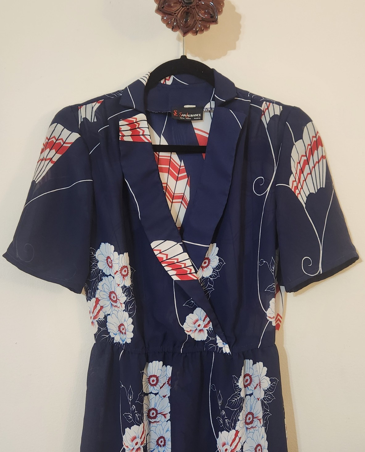 Vintage 80s San Laurance Navy Blue Fan & Floral Print Wrap-Style Day Dress