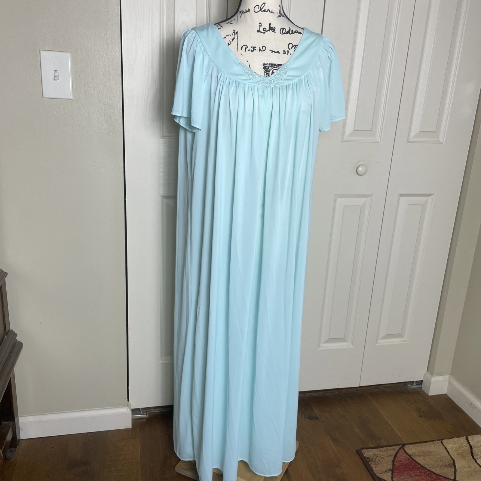 Collette By Miss Elaine Blue Flutter Sleeve Gown Floral Decoration At Neck Med