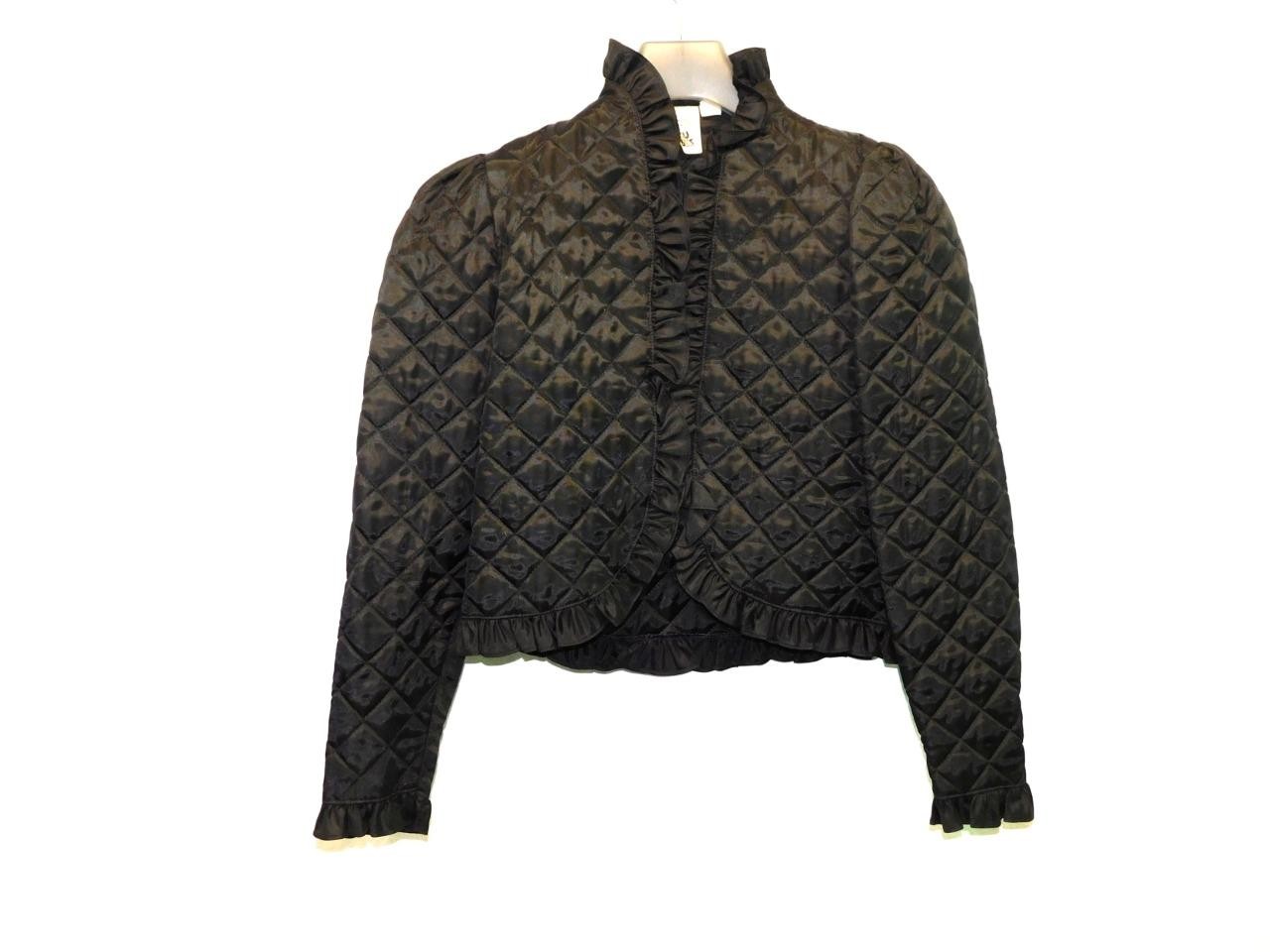 Vintage 70s M You Babes Black Quilted Blazer Dress Jacket Ruffle Collar Cropped