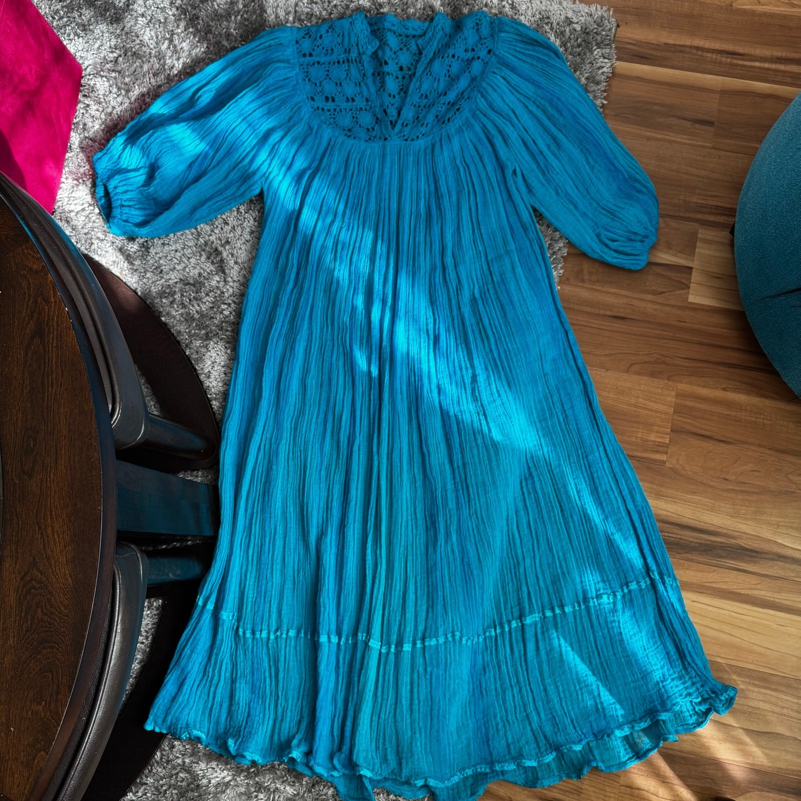 VTG 1970s Oaxaca Boho Hippie Turquoise Blue Cotton Gauze Flowy Dress Size S/M