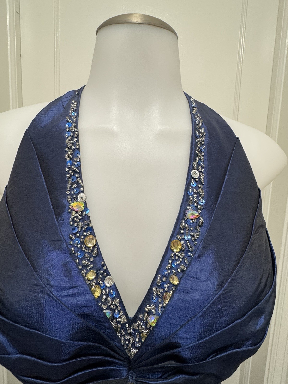 VTG B’Dazzle Alyce Designs Cobalt Blue Beaded Halter Mermaid Gown Dress Sz 8