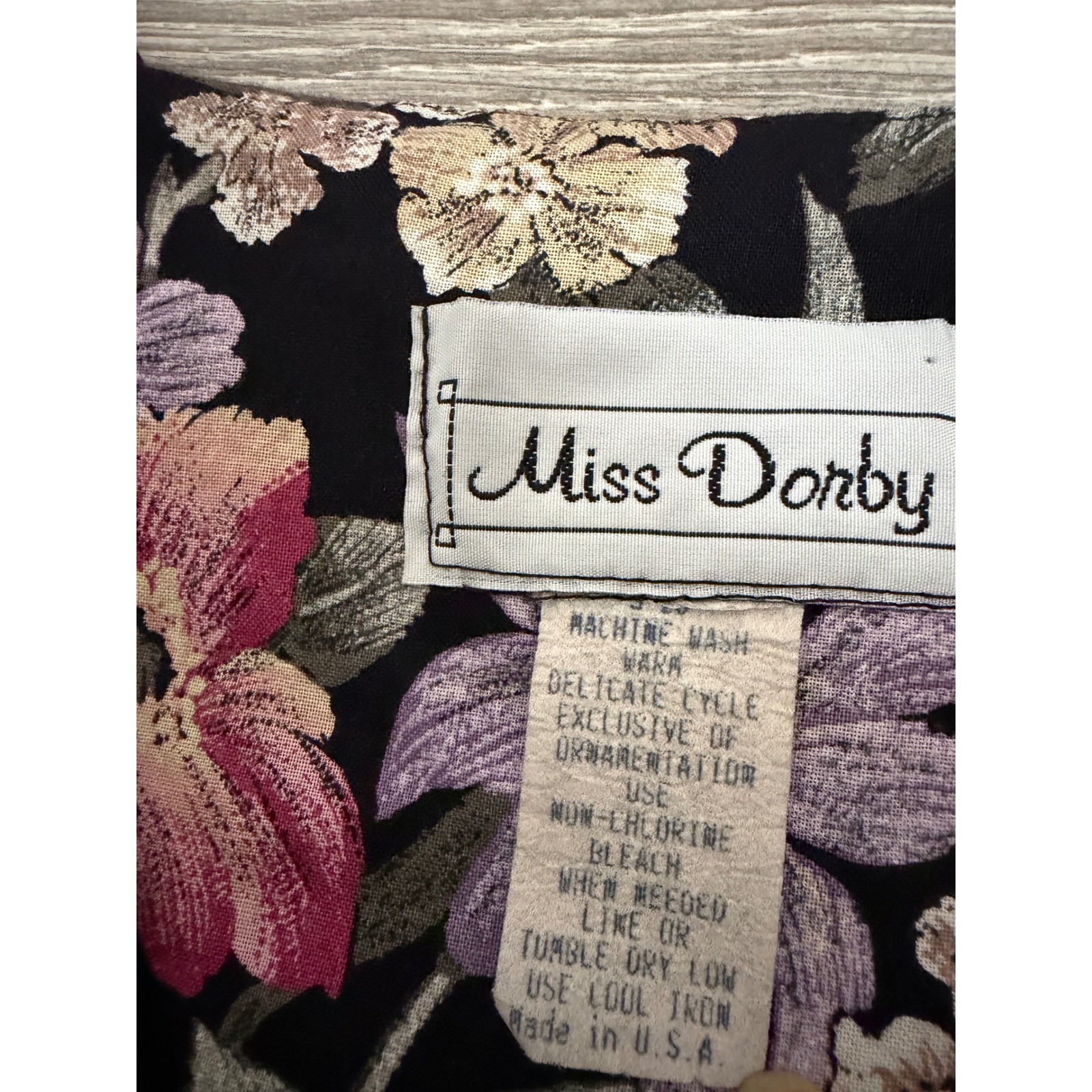 Miss Dorby Vintage 90s Floral Midi Dress L Black Purple Button Front USA Made