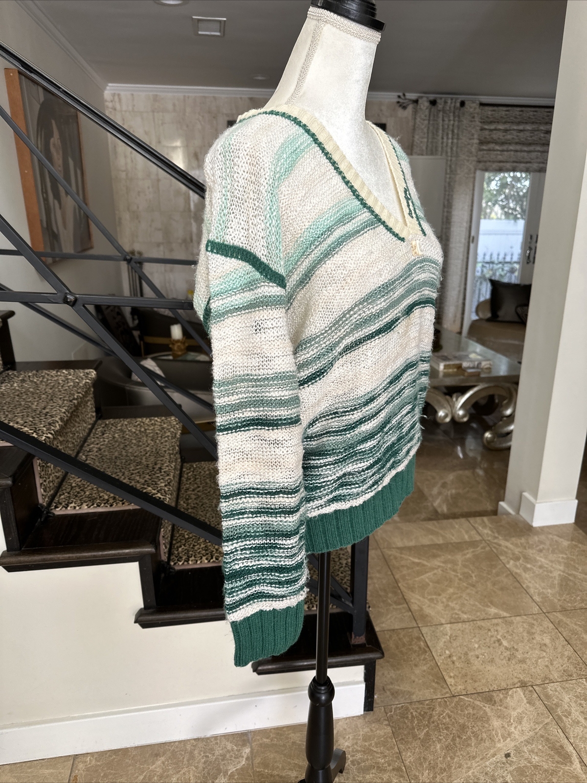 Courreges Vintage 70s Green And White Logo V neck Tennis Sweater Size B