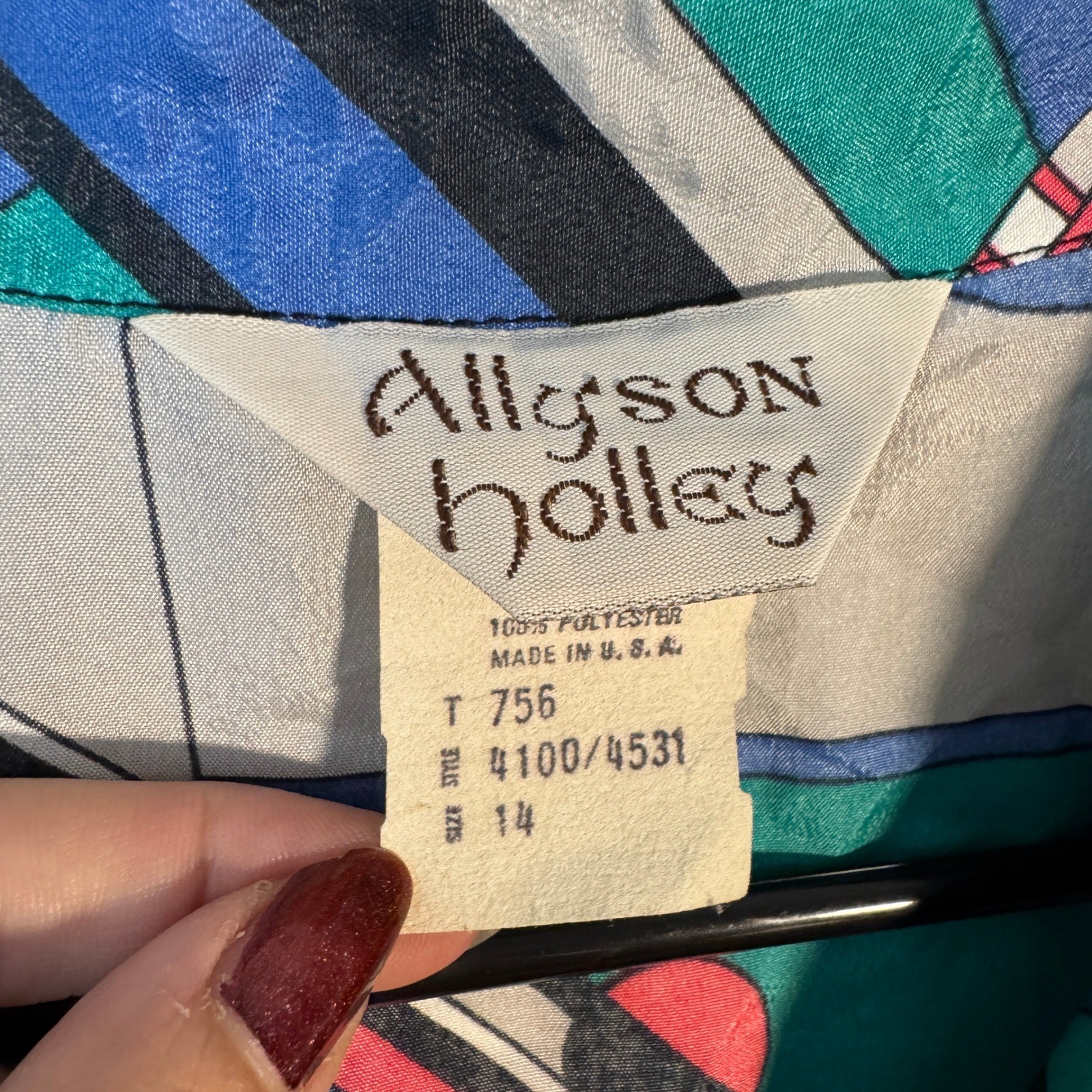 Memphis Vtg 80s Dress Geometric Allyson Holley Abstract Teal Blue L Maximalist