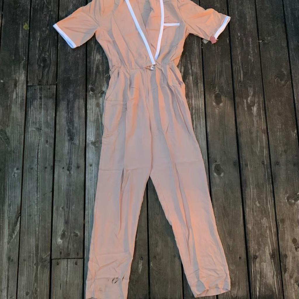 Jumpsuit Vintage 1970s 60s Peach and White One Piece JumpSuit Made in USA 14