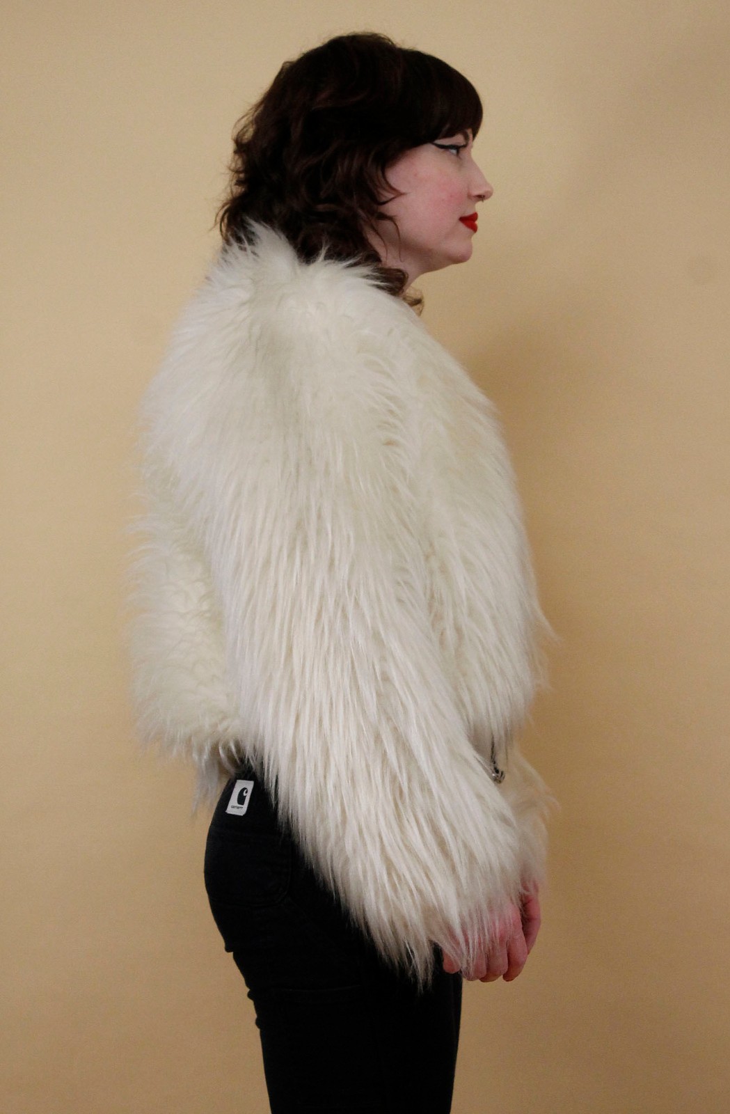 60s 70s Vtg Shaggy Faux Fur White Zip Up Crop Jacket Coat Mod Rocker Glam B34″