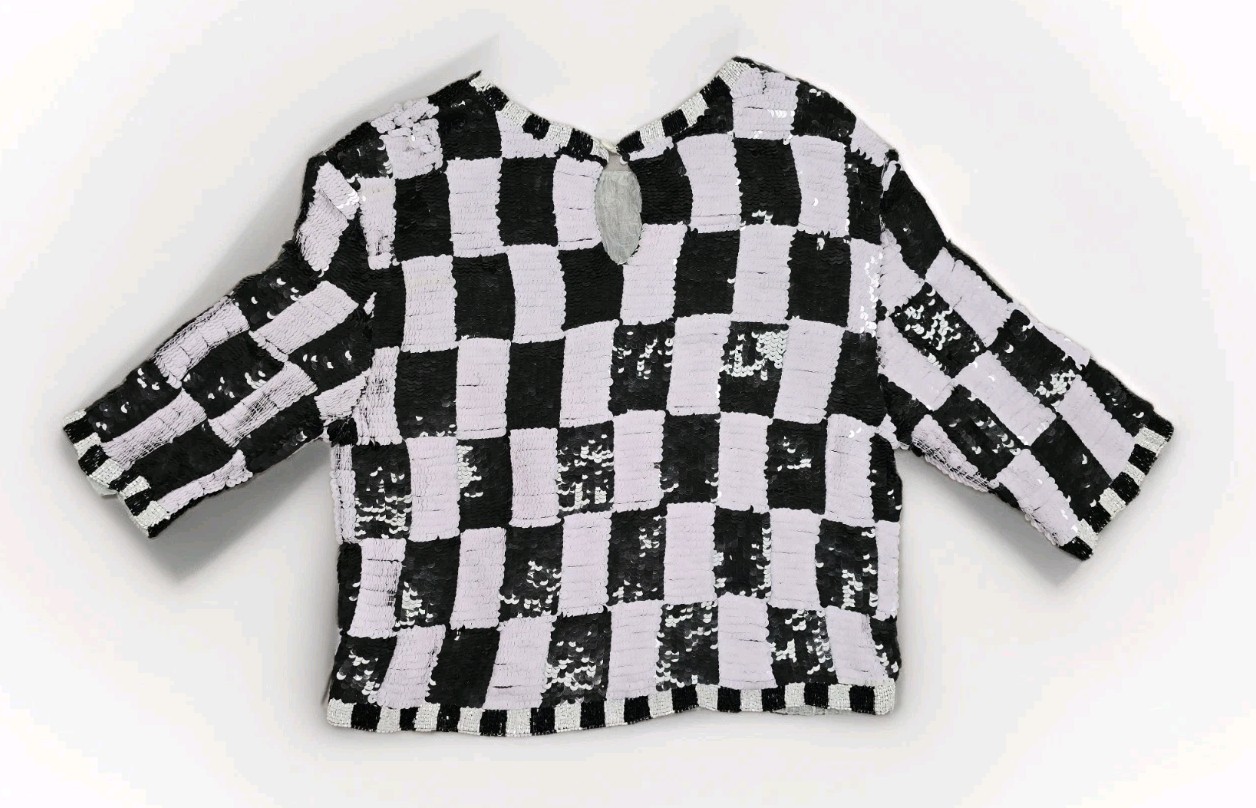 Vintage Carolyne Barton Night Silk Sequin Checkered Top Black White Beaded M