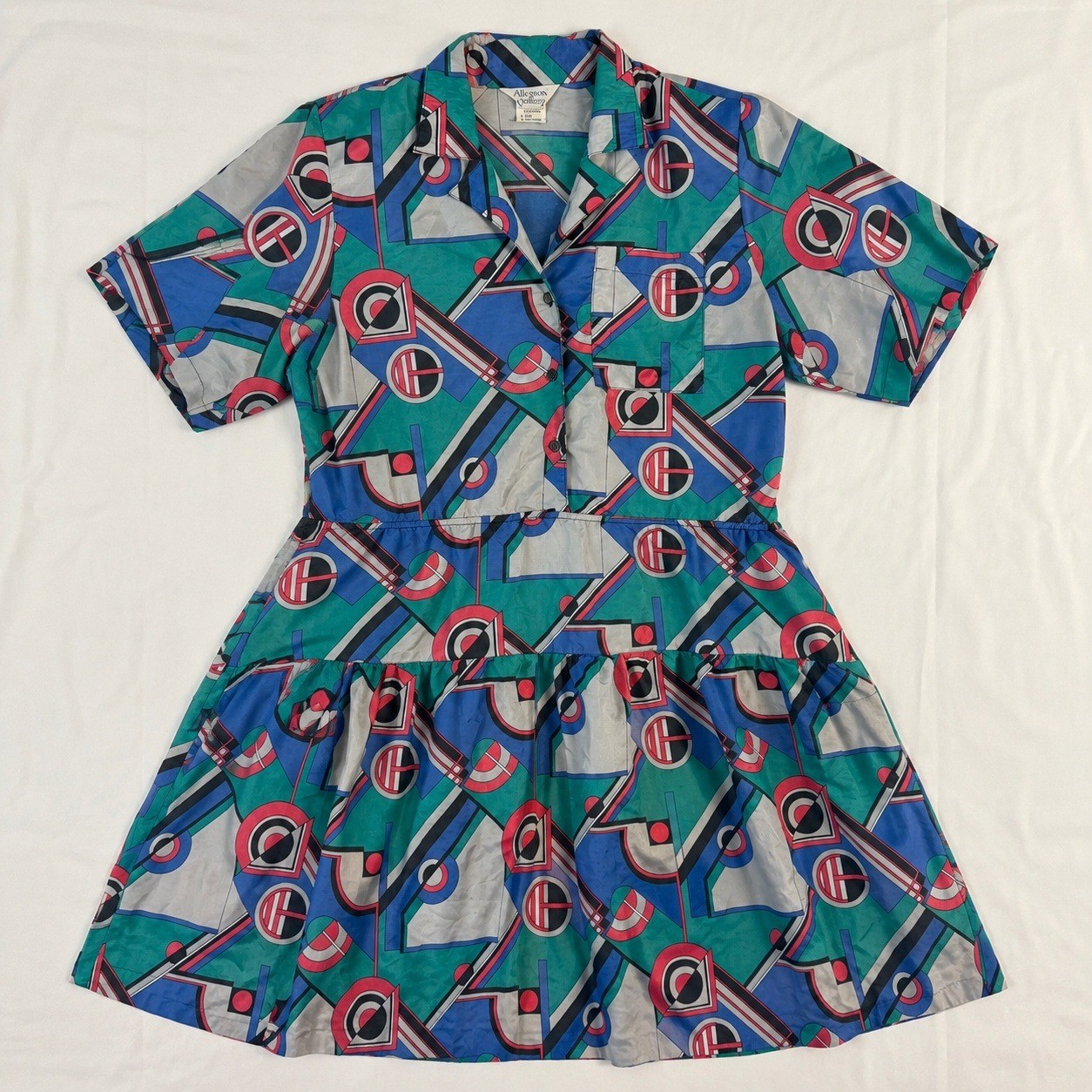 Memphis Vtg 80s Dress Geometric Allyson Holley Abstract Teal Blue L Maximalist