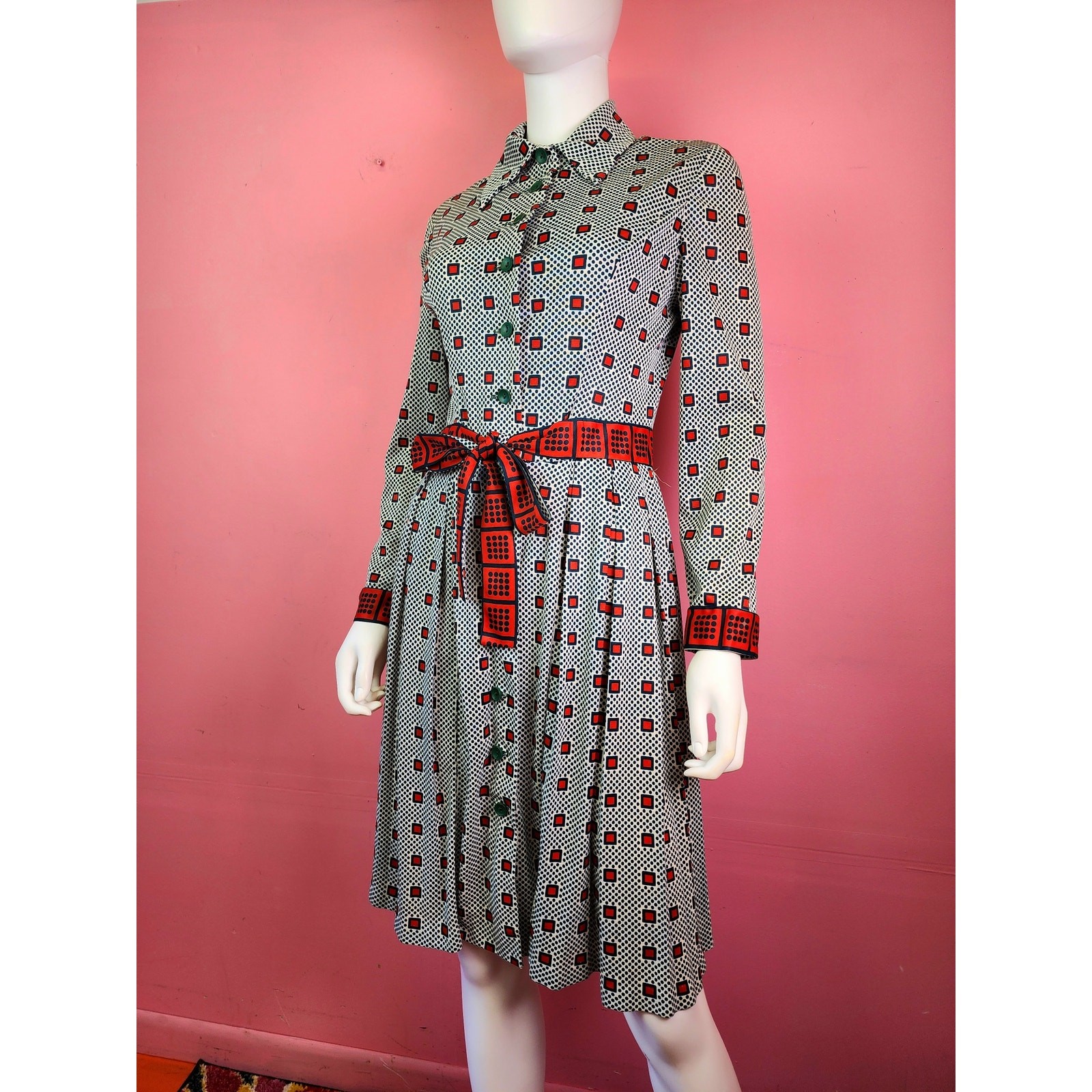 Vintage 1970’s Green and Red Checkered Dot Patterned Pleated Shirt Dress