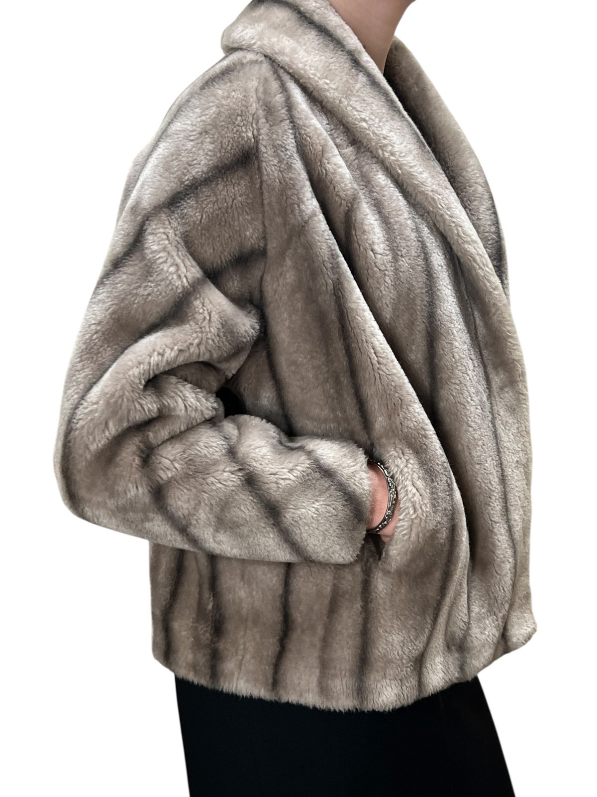 Vtg 50 60s Sz S~M~Sm L FAUX FUR Jacket Coat Silver Dark Stripe Stroller Wrap