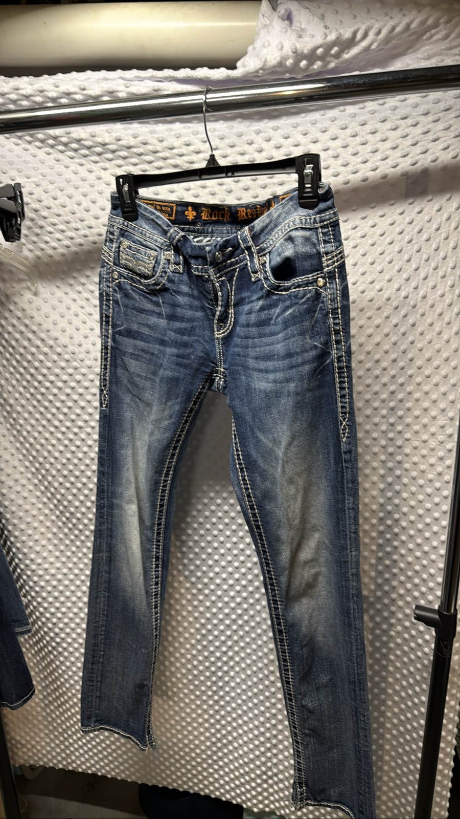 Rock Revival Women’s Blue Denim Jeans Thick Stitch Straight Leg Size 27