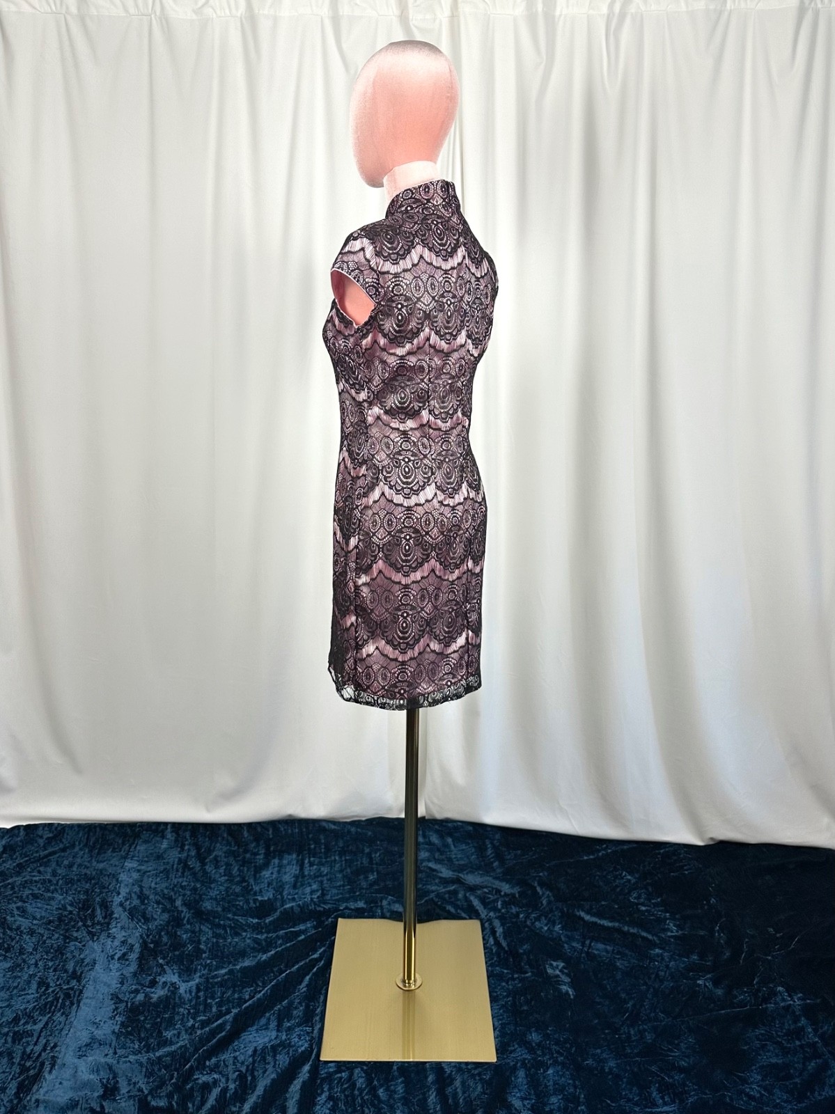 Vintage Lace Mandarin Collar Dress XS Pink Black Cocktail Party Beijing Purchase