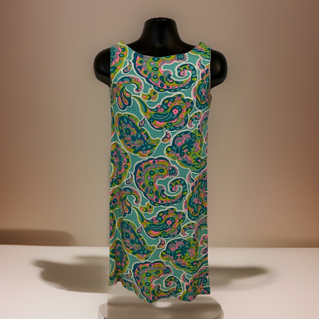 VTG 60s 70s Sheath Dress Day Glo Paisley Psychedelic Sleeveless Pink Blue Green