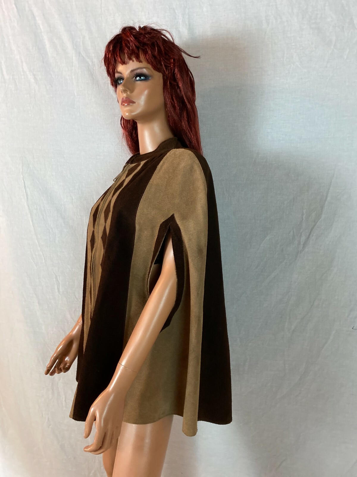 Vtg 60-70s Cape Poncho Coat 2 Tone Brown Diamond Art Love Zip Birds Back Hippy S