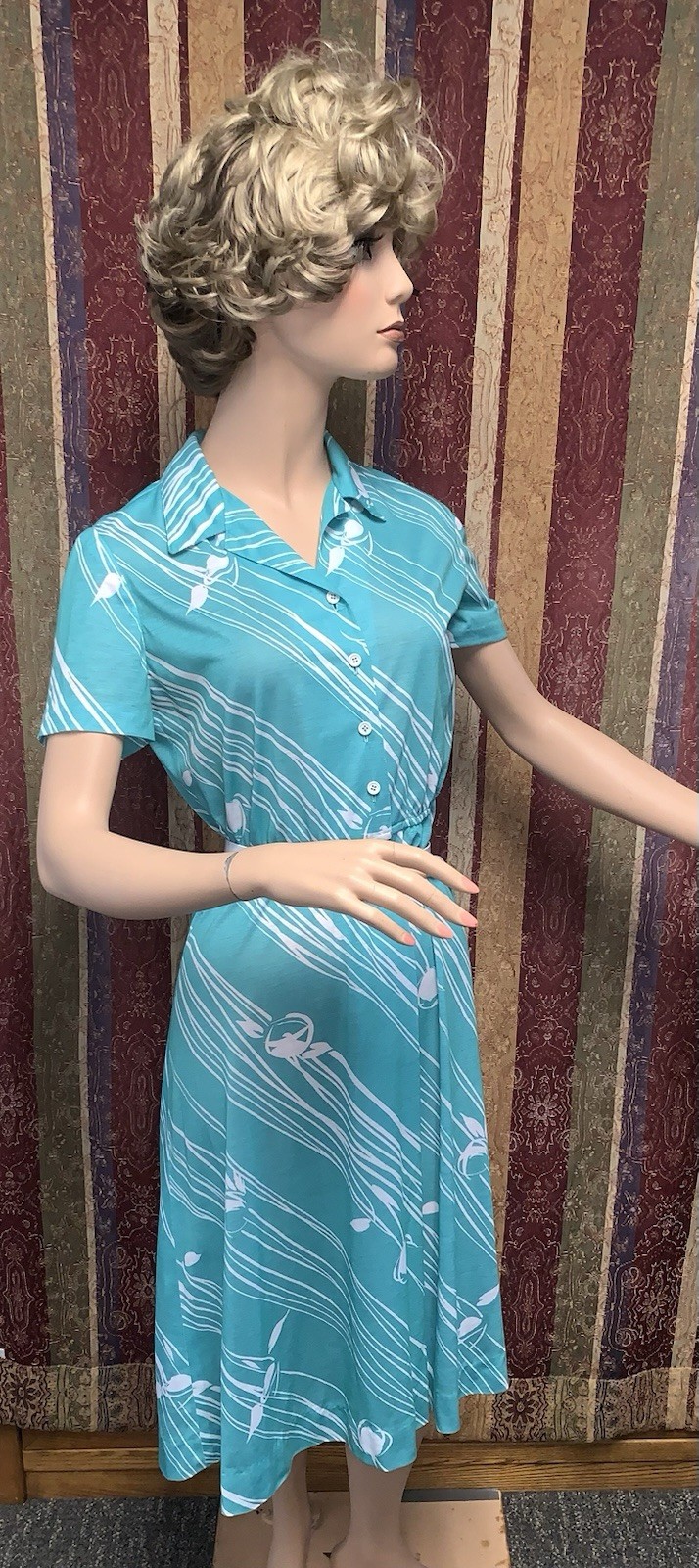 A7 VTG 80s R&K ORIGINALS TROPICAL FLORAL AQUA/WHITE SHIRT DRESS 7/8 ROCKABILLY