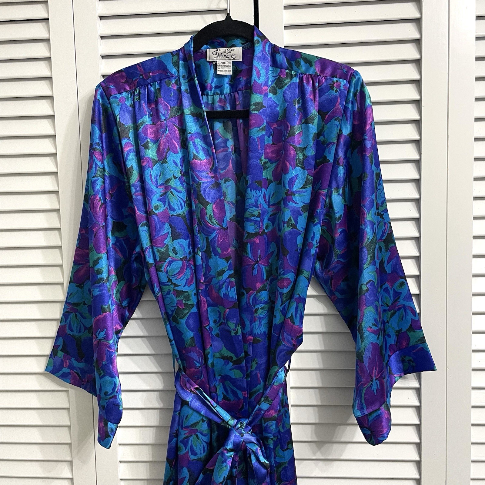 Vintage J.O. Intimates 80s Purple Blue Satin Long Floral Robe Sz S Hong Kong