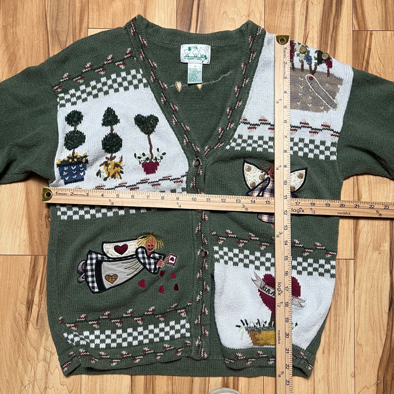 VINTAGE 90s Quacker Factory Cottage Cardigan Size S Knit Matcha Green Retro