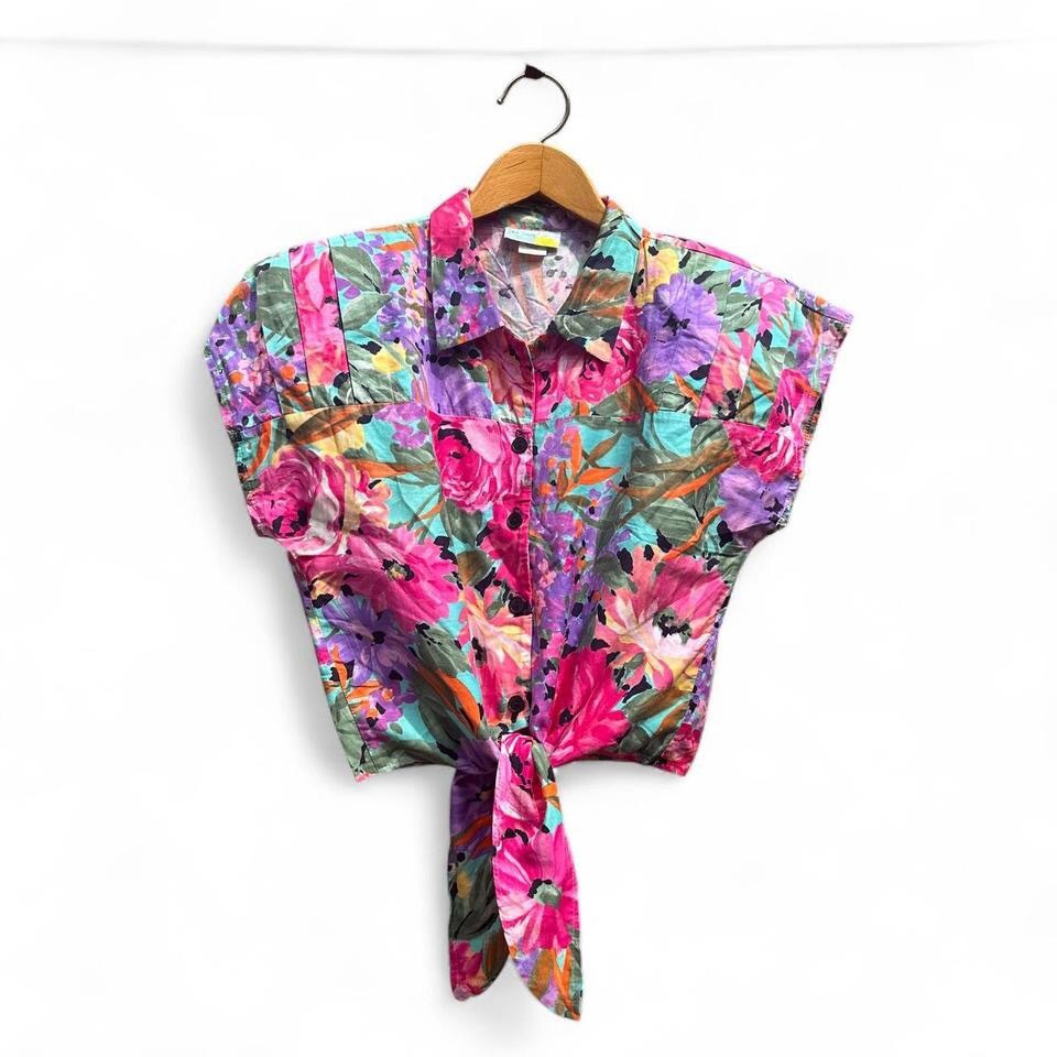 Vintage Sea Suns Vibrant Floral Watercolor Blouse Tie Waist Shoulder Pads 80s