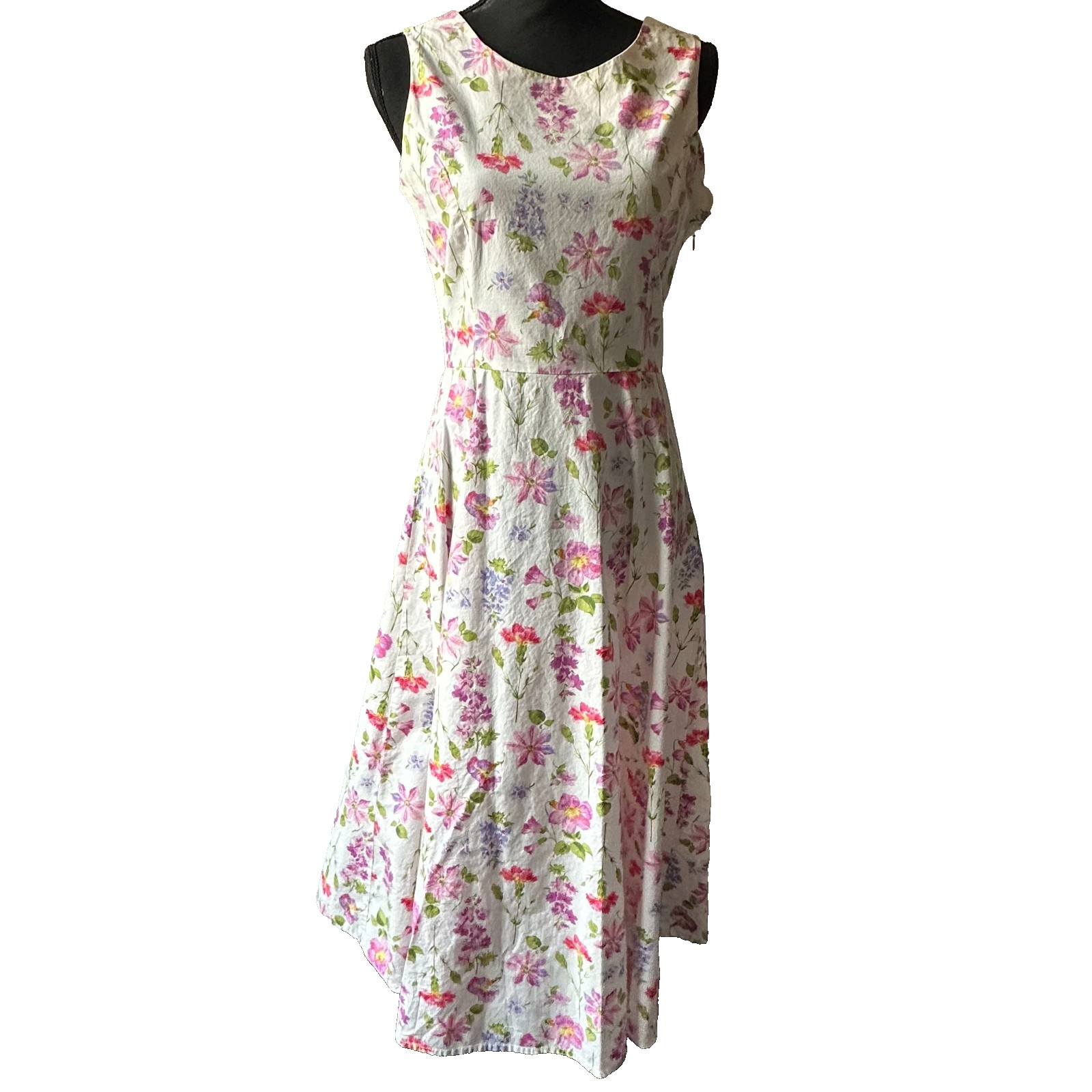 VTG 90s Cotton White Floral Coquette Midi Tea Dress Feminine 10P Romantic Garden