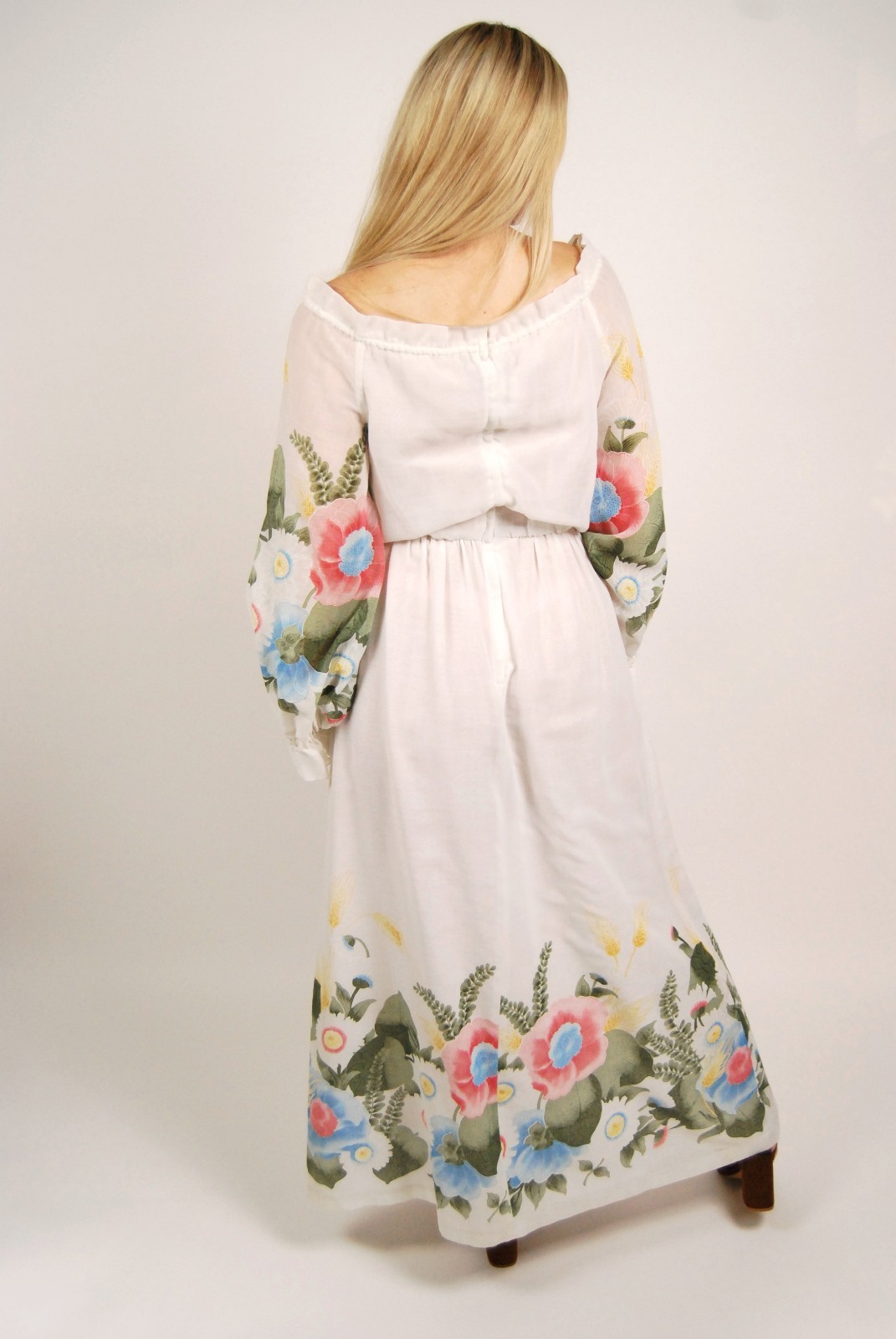 70s Off Shoulder Dress (M) medium white floral vintage boho hippy bell sleeve