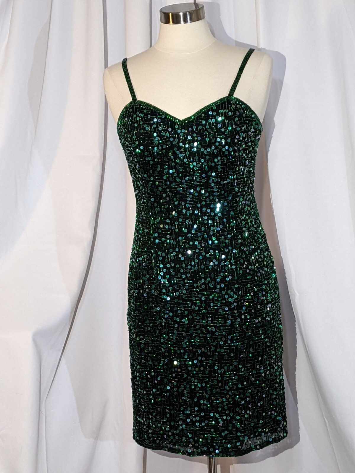 Silk 90s Black Green Shimmer Sequins Bodycon Mini Party Dress Nadine Boutique M
