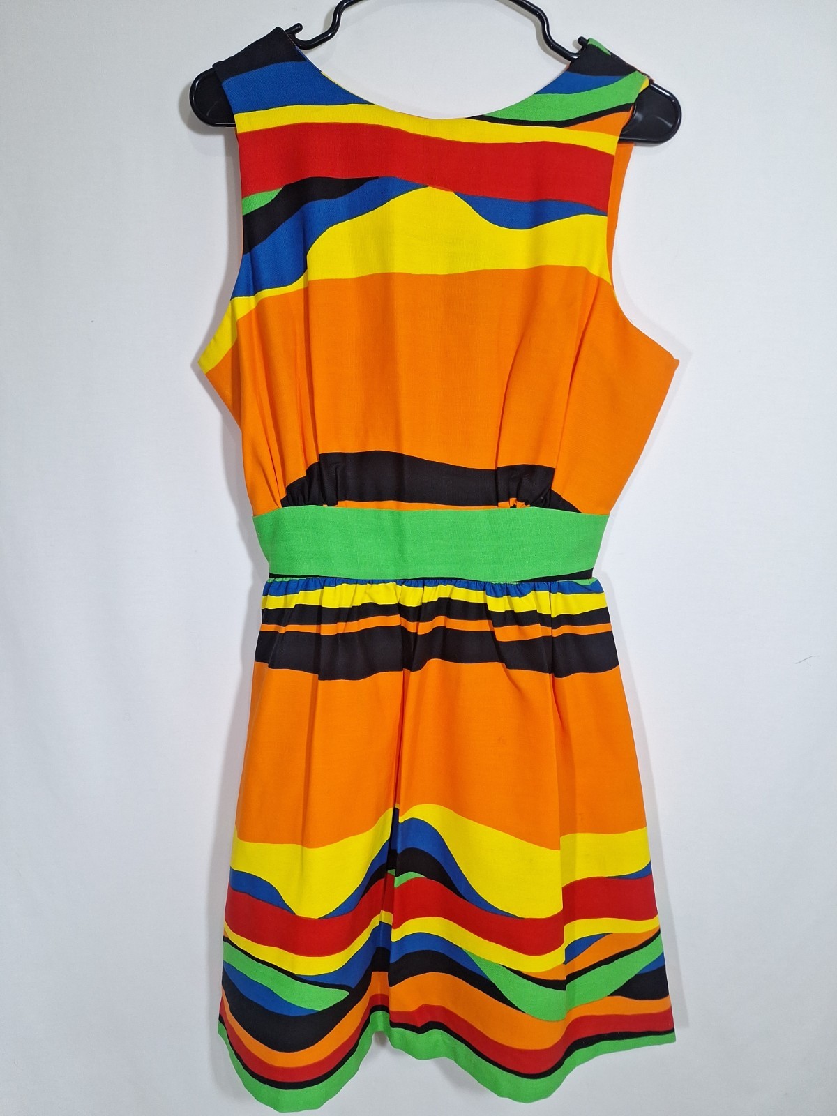 Vtg 70s Malia Honolulu Rainbow Striped Dress Cutout Open Back Mod Pop Art Small