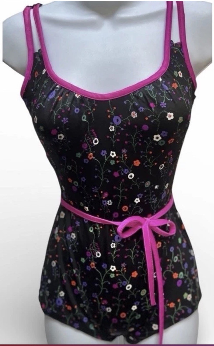 Vtg 80s Gabar Ditsy Floral Bathing Suit 10 One Piece Belt Tie Black Colorful Wow