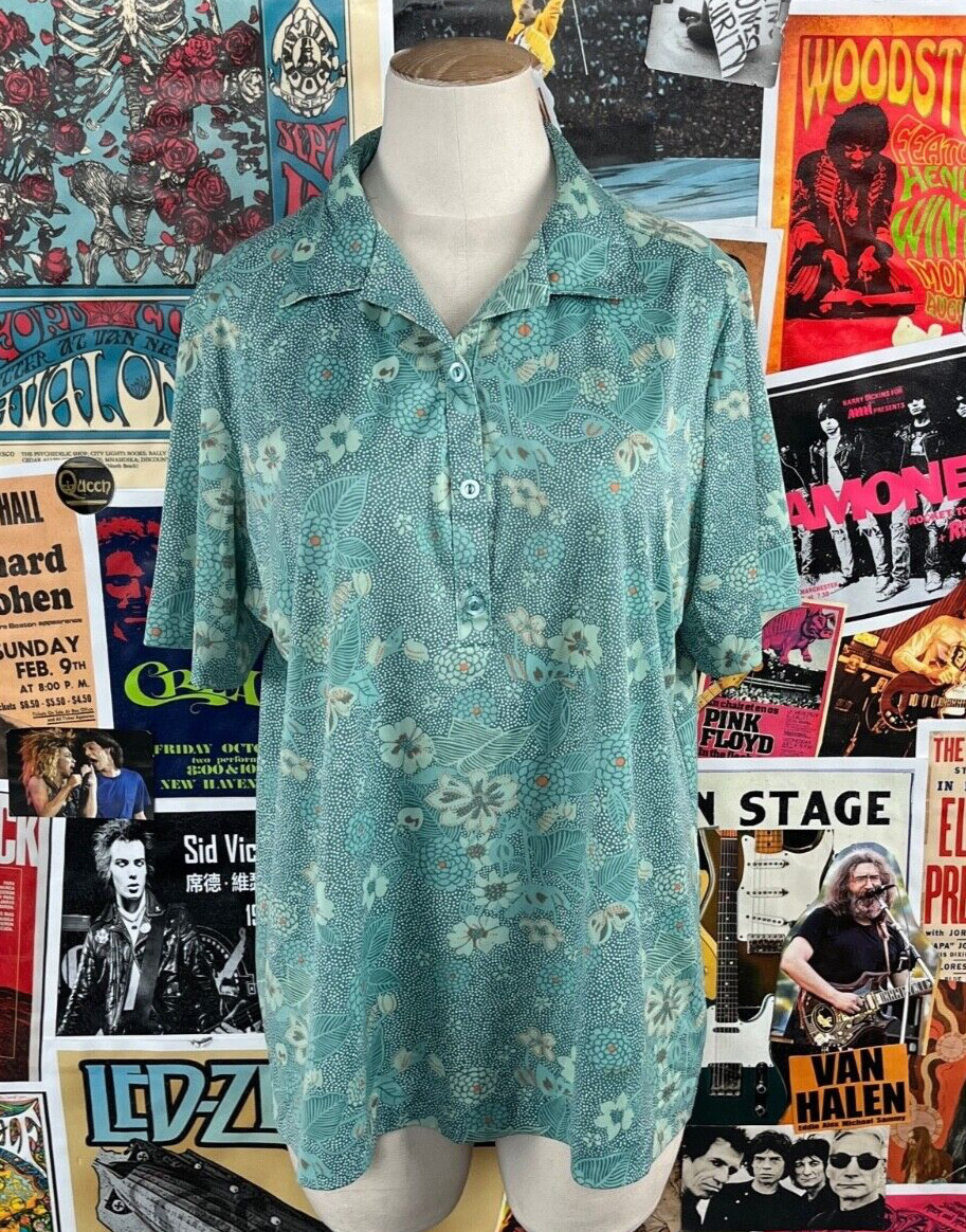 Vintage 70s Seafoam Green Floral Print Lady Graff Polo Shirt Disco Golf