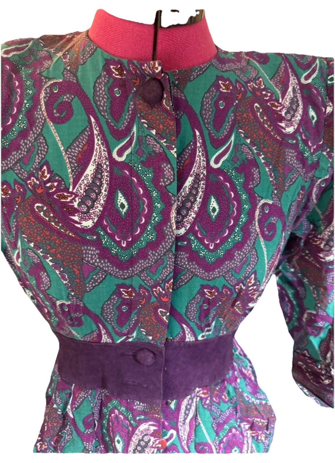 Paisley Print Shirt Dress Purple Green Pink Belted Long Sleeve Vintage – Small