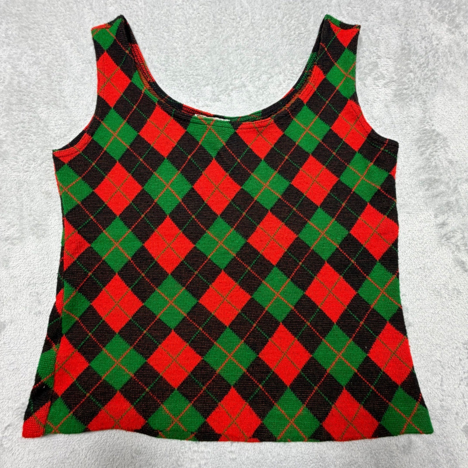 Vintage 70s JCPenney Argyle Knit Tank Top Large Red Green Black Acrylic USA Made
