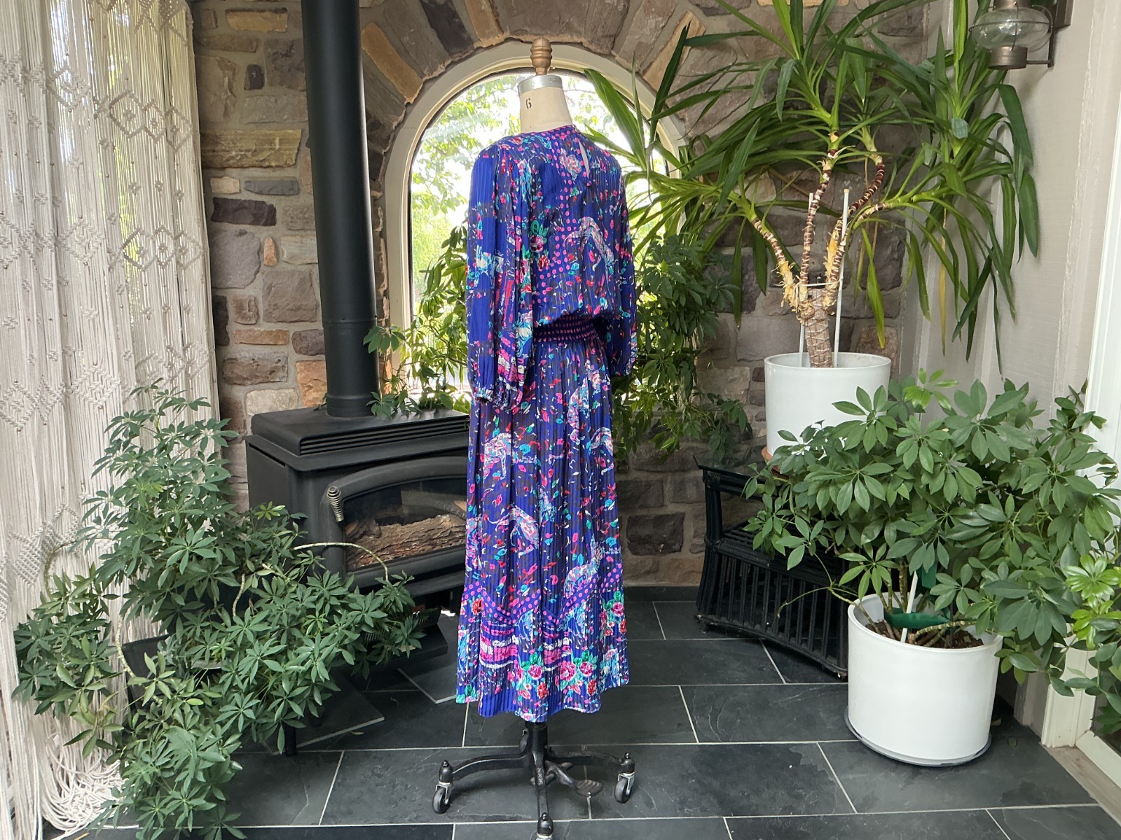 Vintage Blue and Pink Sequin Panther and Floral Print Midi Dress Diane Freis