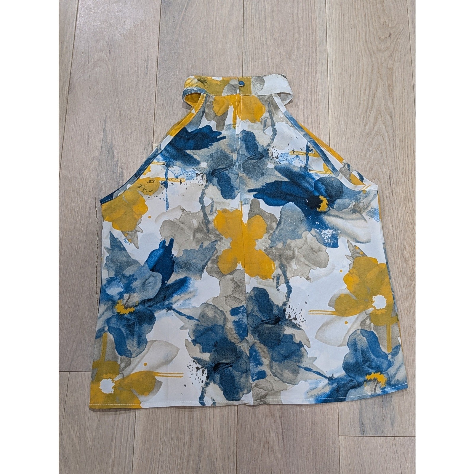 Watercolor Floral Halter Top Blue Yellow Abstract Print Women’s Small