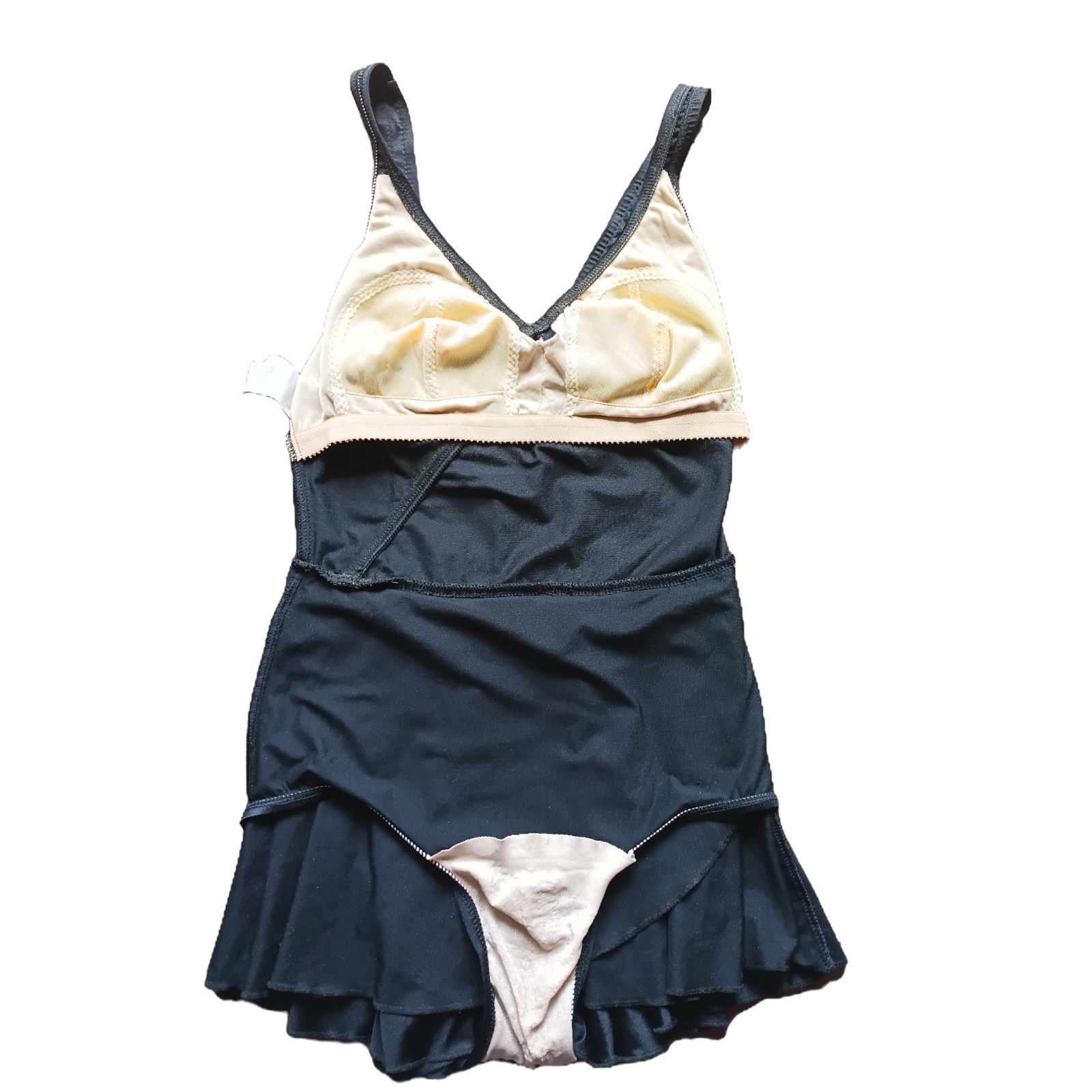 VTG 80’s Le Cove Women’s Black One Piece Swimsuit V Neck, Skirt & Gold Button 14